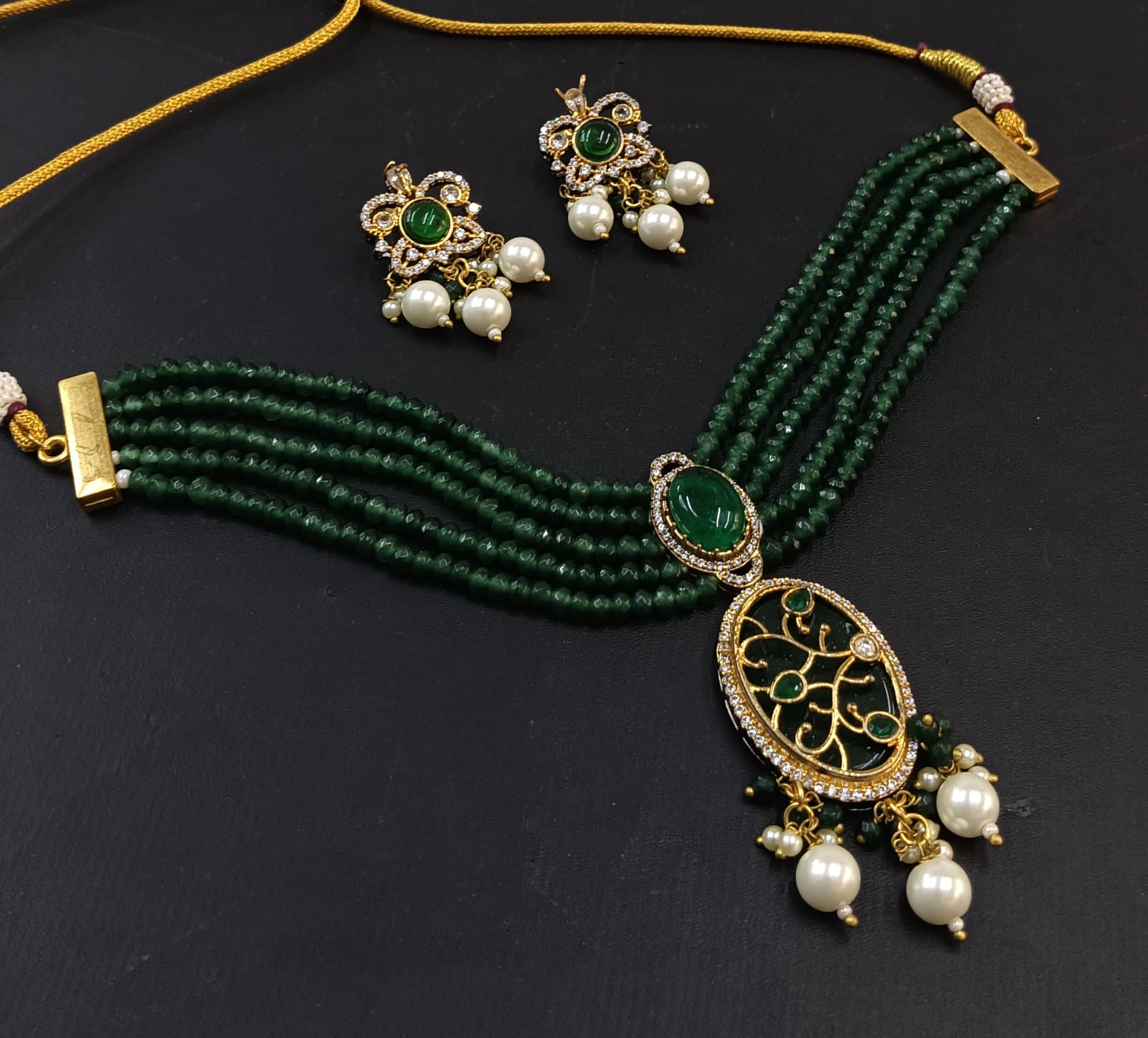 Emerald Green Bridal Kundan Polki Jewellery Set with Multi Layer Beaded Necklace and Earrings