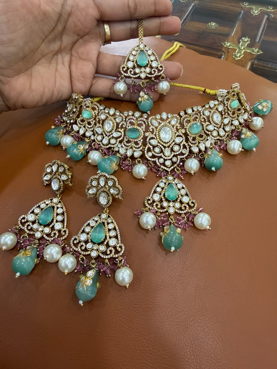 Premium Mint Green Bridal Kundan Polki Choker Jewellery Set with Earrings and Maang Tikka