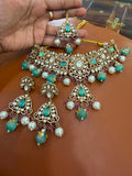 Premium Mint Green Bridal Kundan Polki Choker Jewellery Set with Earrings and Maang Tikka