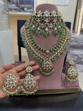Bridal kundan polki jewellery set green ruby choker long necklace earrings