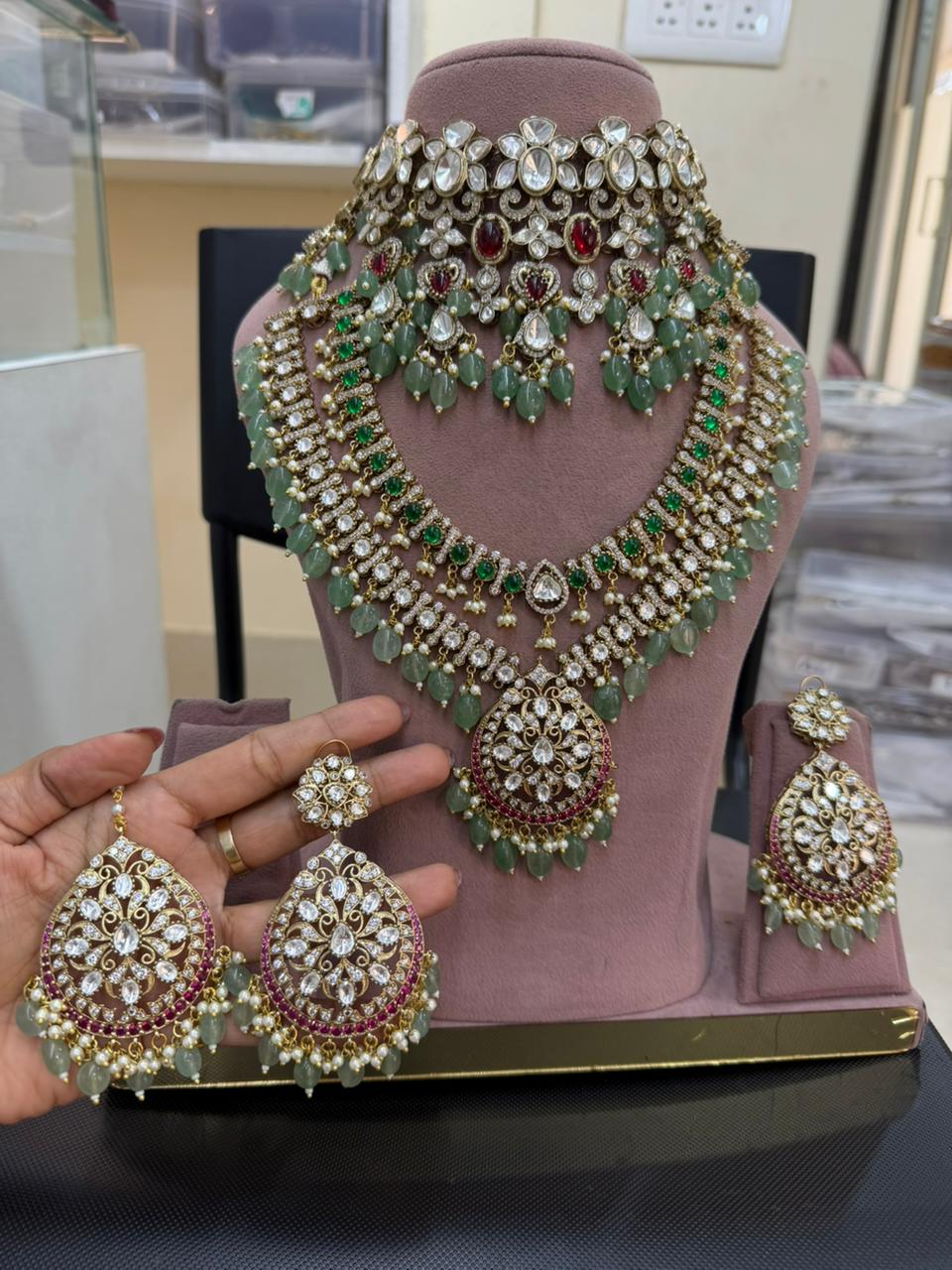 Bridal kundan polki jewellery set green ruby choker long necklace earrings