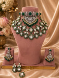 Emerald green Bridal Kundan Polki jewellery set with choker long necklace and earrings