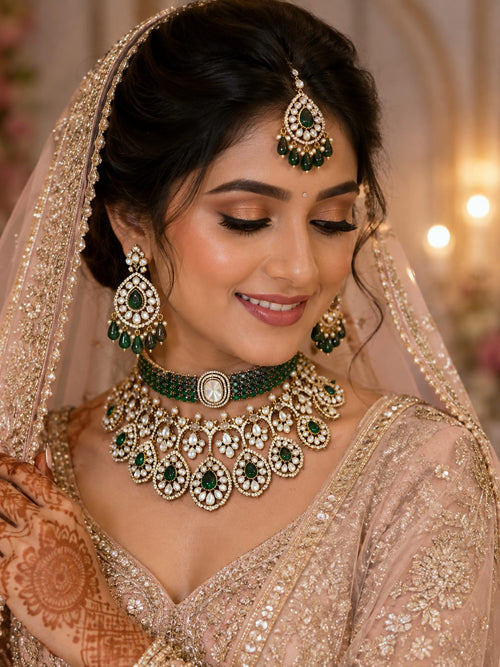 Traditional green Kundan jewellery set for Indian bride