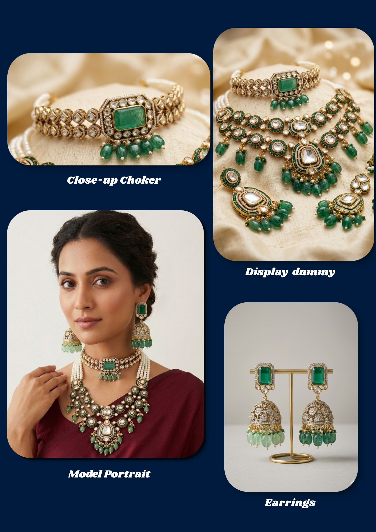 Bridal Kundan Polki choker set with green stones and pearl detailing