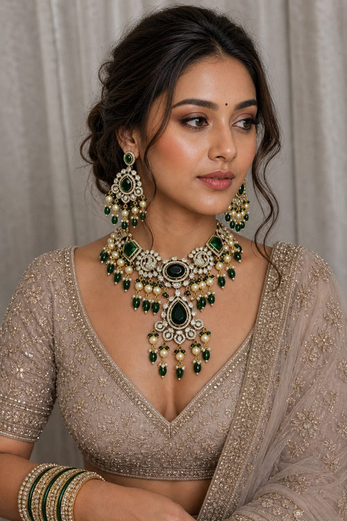 Green stone kundan polki bridal necklace set with earrings