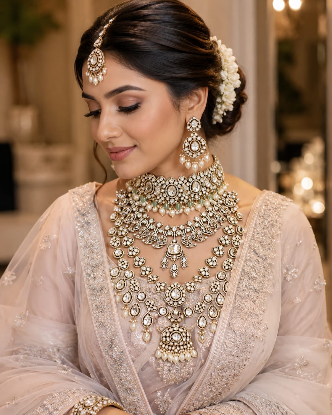 Ivory Pearl Bridal Kundan Polki Layered Jewellery Set