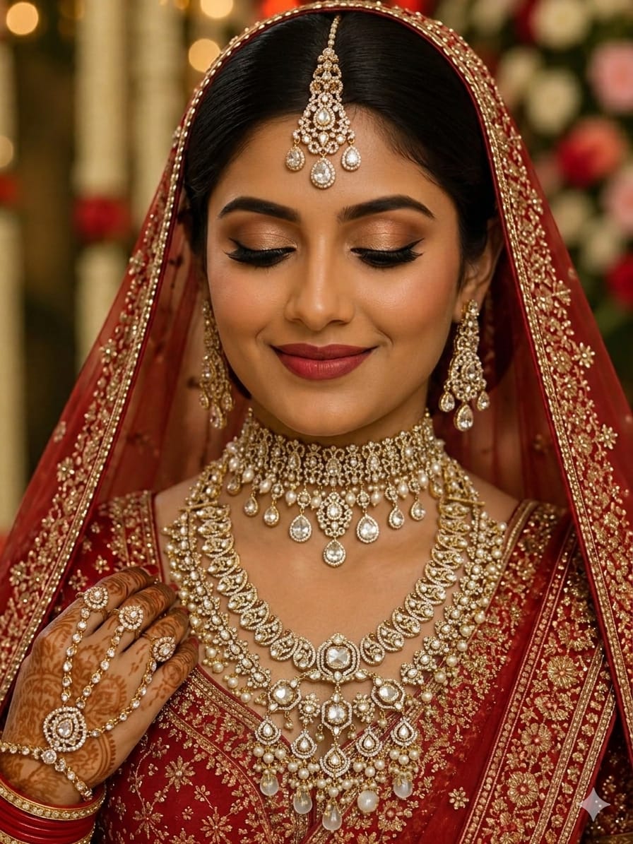Gold Tone Bridal Kundan Jewellery Set with Pearl Drops