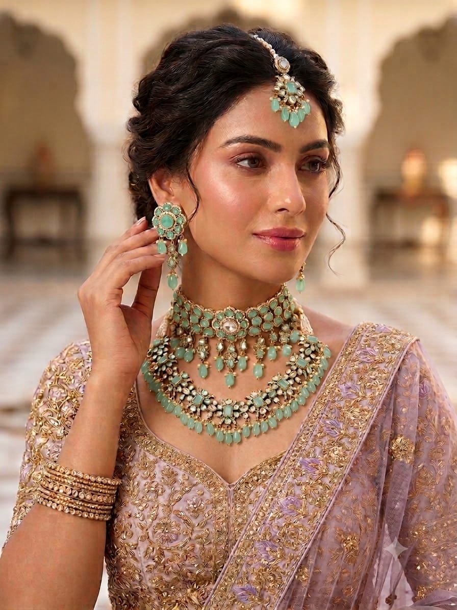 Premium Artificial Bridal Jewellery Set in Mint Green
