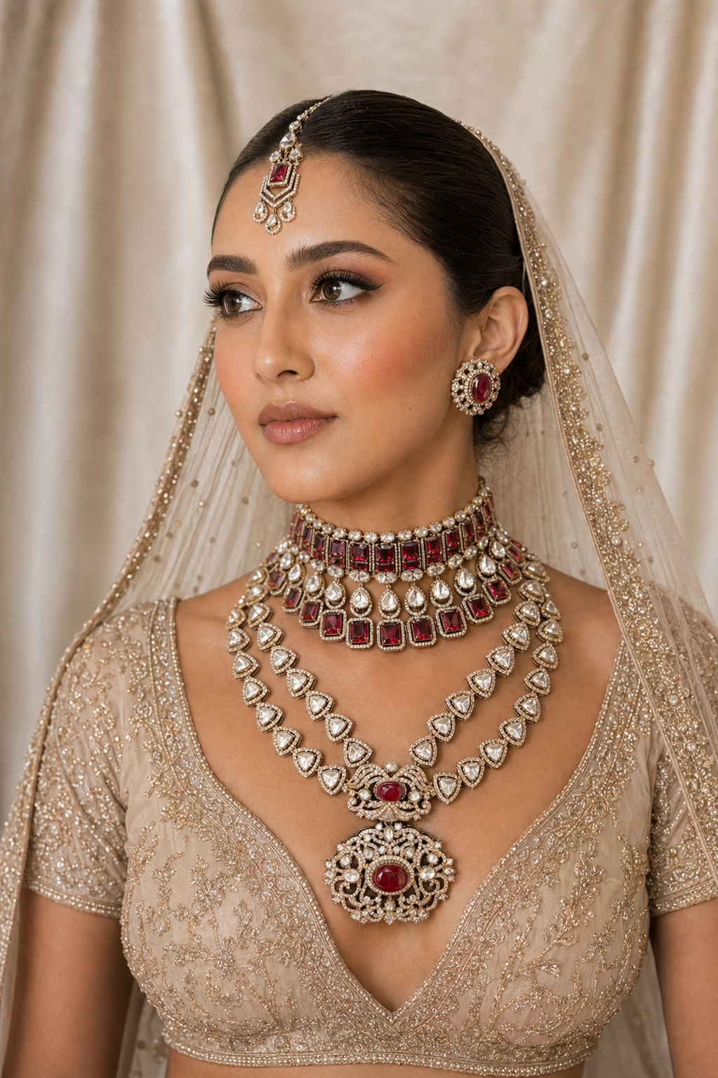 Indian bridal polki kundan necklace set with red stones and choker
