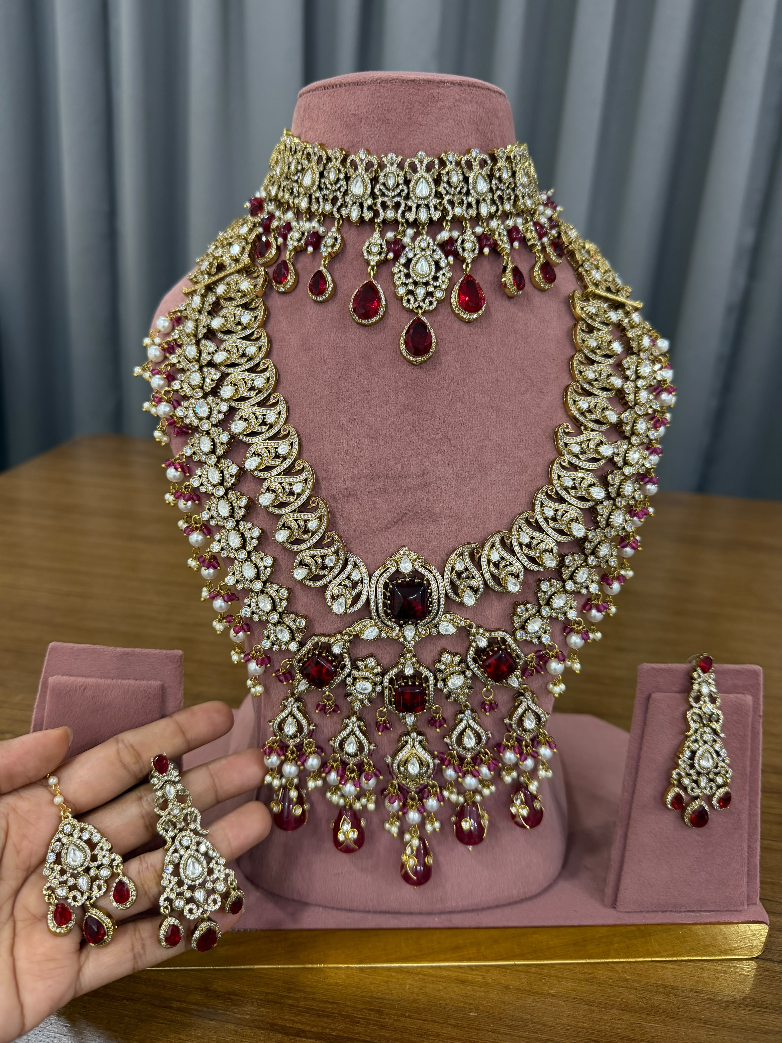 Royal Bridal Kundan Polki Choker and Long Necklace Set with Ruby Red Stones and Statement Earrings