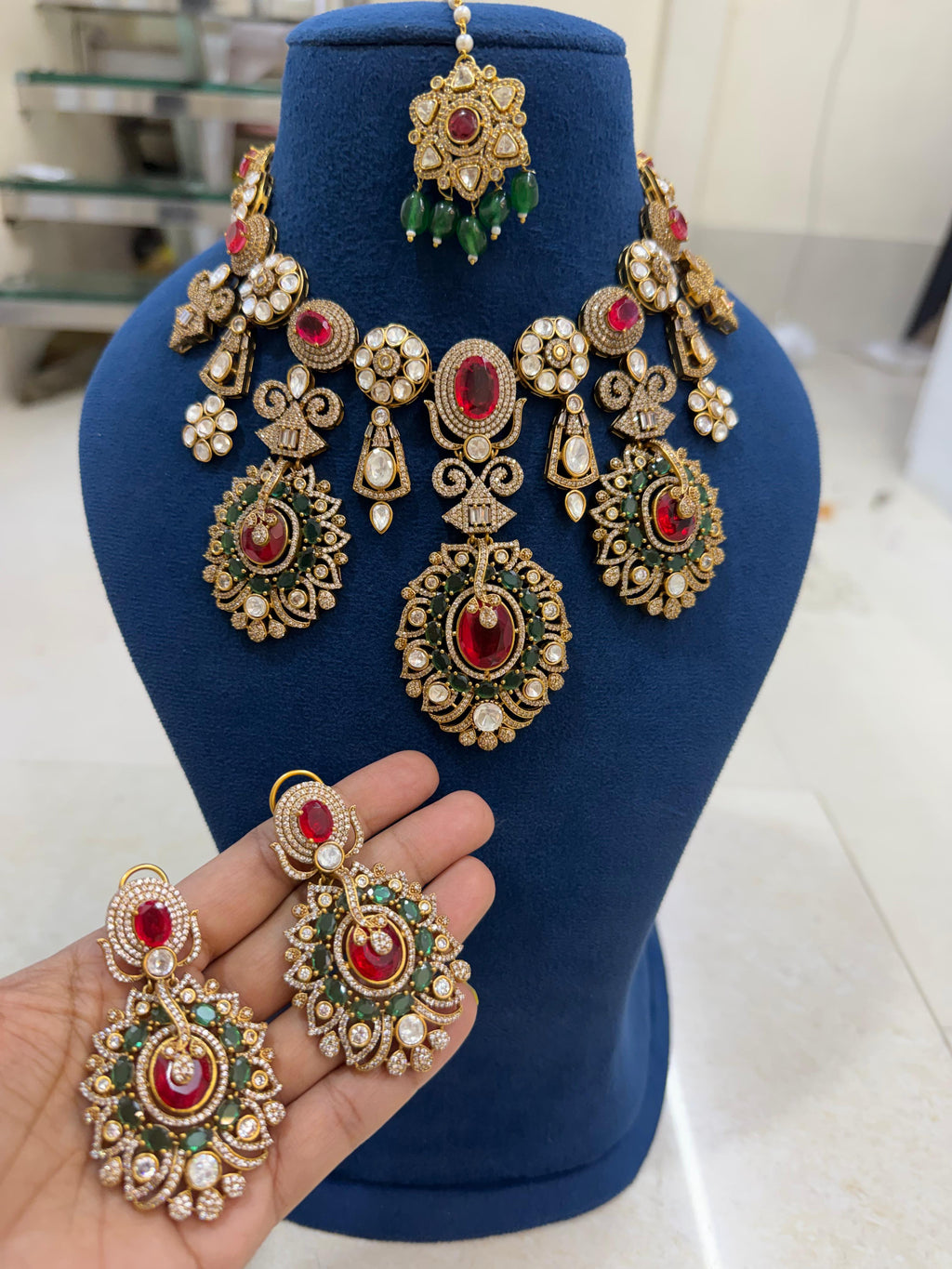 Ruby Green Bridal Kundan Polki Jewellery Set with Necklace Earrings and Maang Tikka