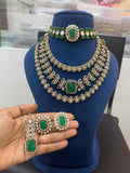 Premium Emerald Green Bridal Kundan & Polki Jewellery Set with Choker, Layered Necklace and Earrings