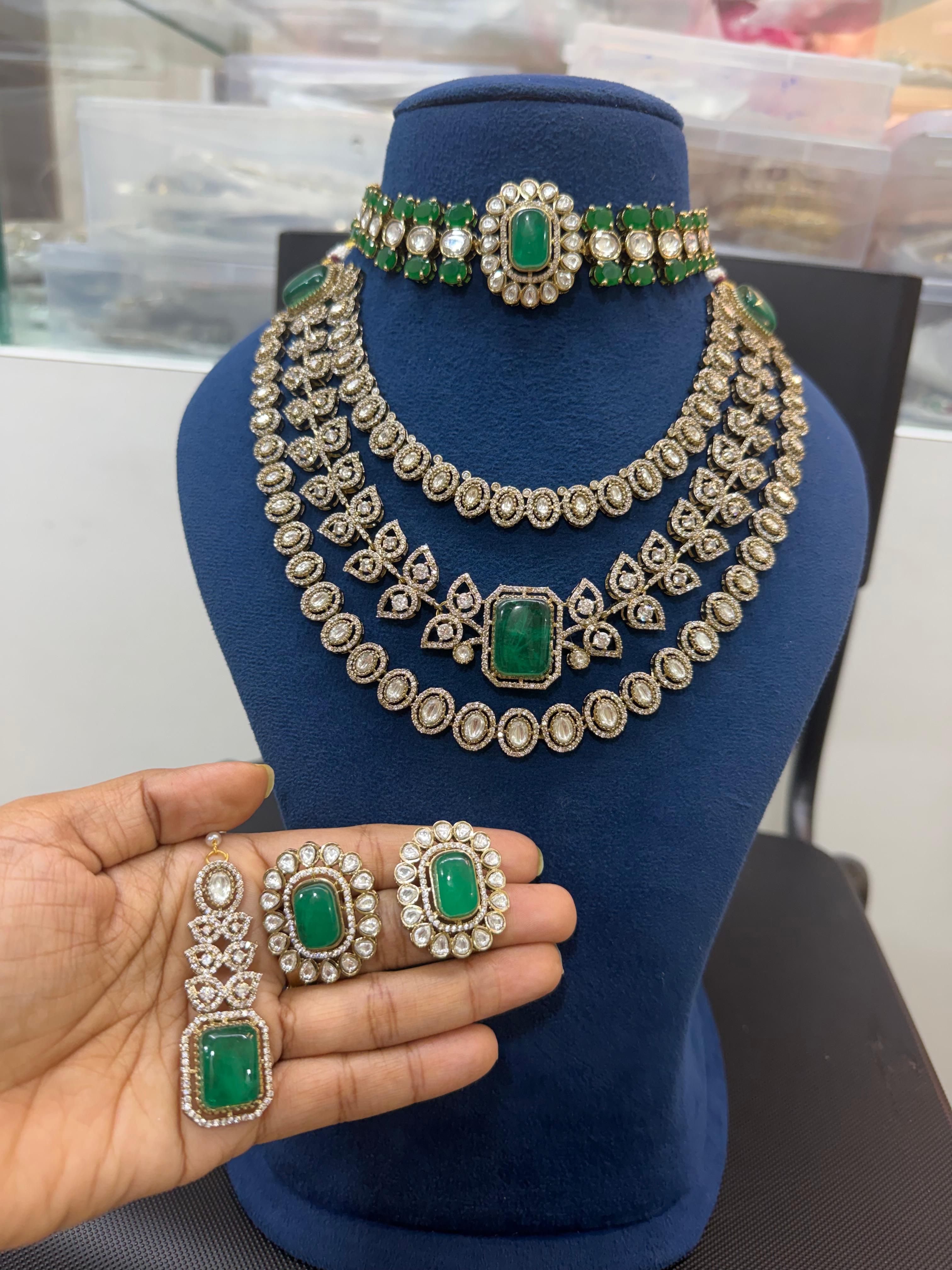 Premium Emerald Green Bridal Kundan & Polki Jewellery Set with Choker, Layered Necklace and Earrings