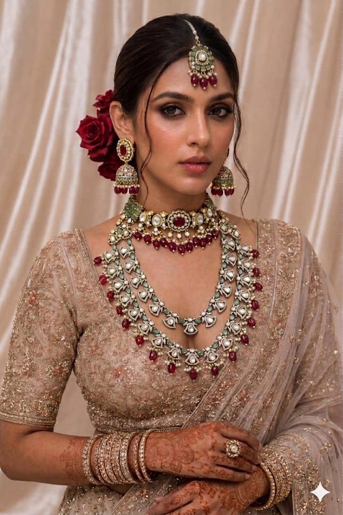 Luxury Bridal Kundan Polki Jewellery Set with Ruby Beads
