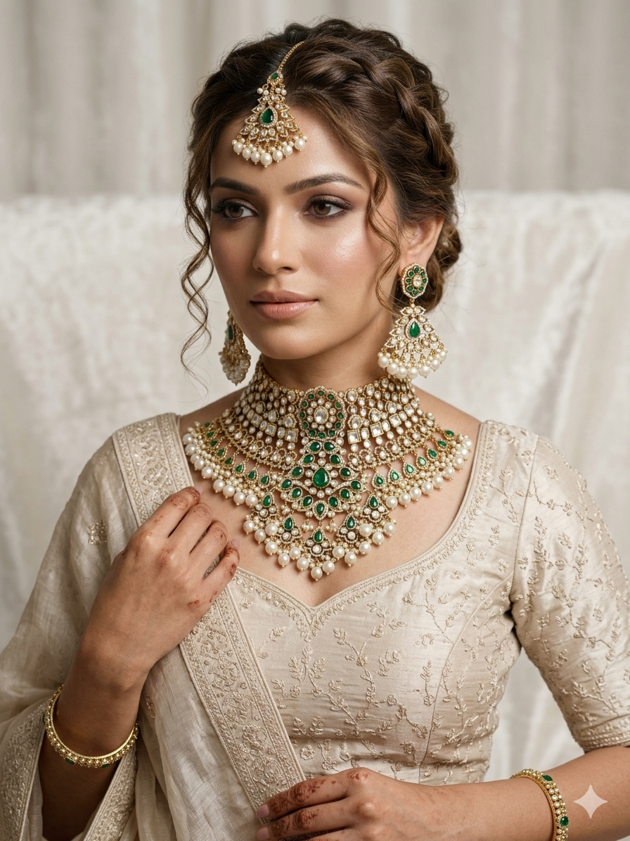 Indian bridal kundan choker set with green stones and pearls