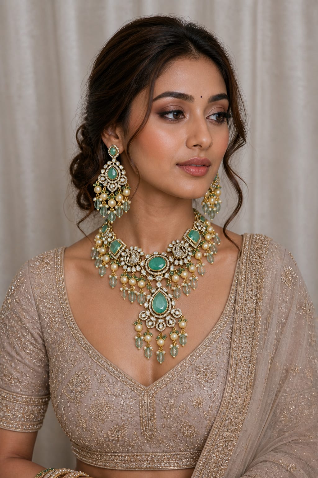 Mint green kundan polki bridal necklace set with earrings