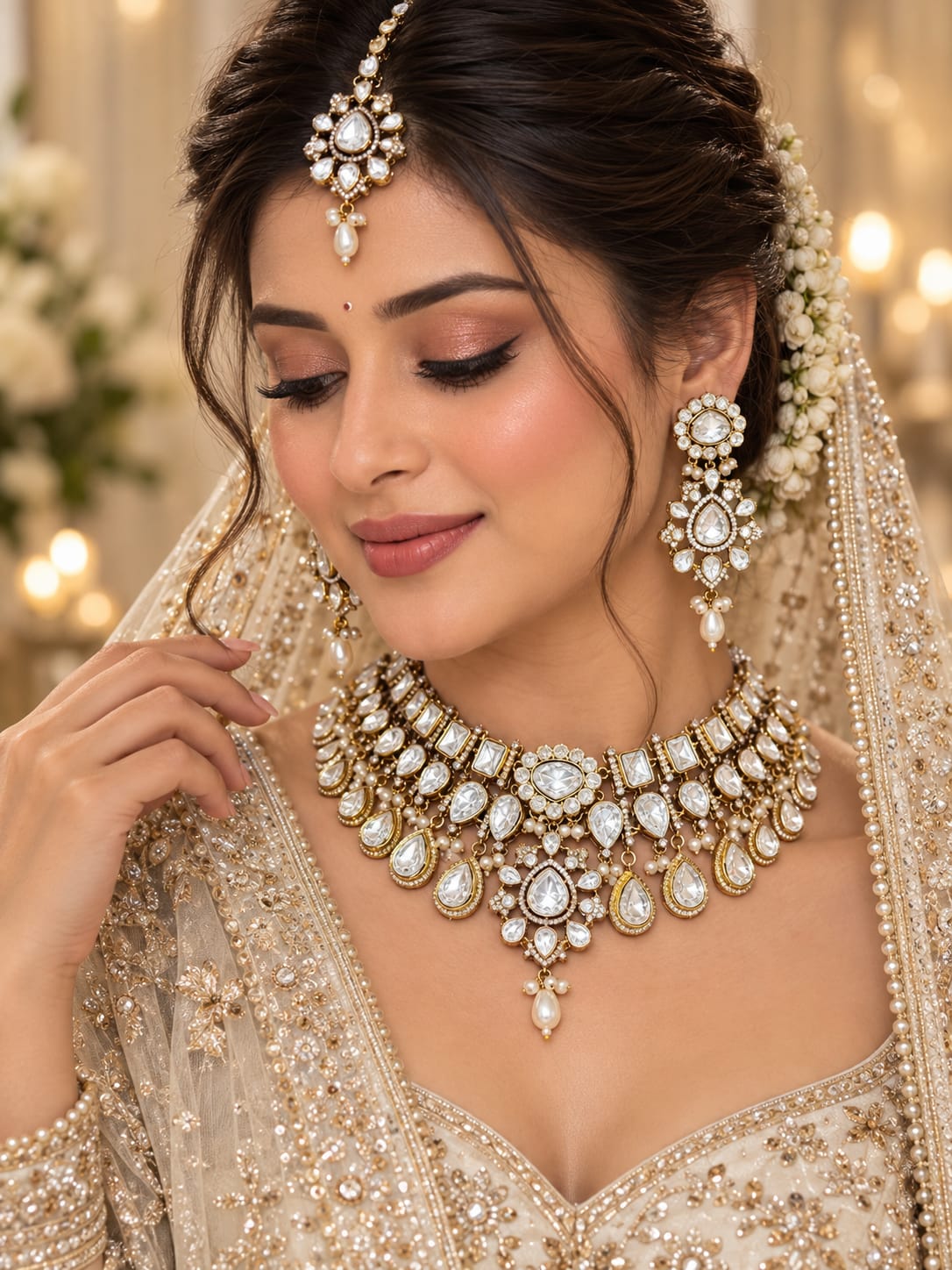 Imperial White Kundan Polki Choker Set with Maang Tikka - Kundan Polki Bridal Jewellery by Ganesh Kundan & Polki (view 2)