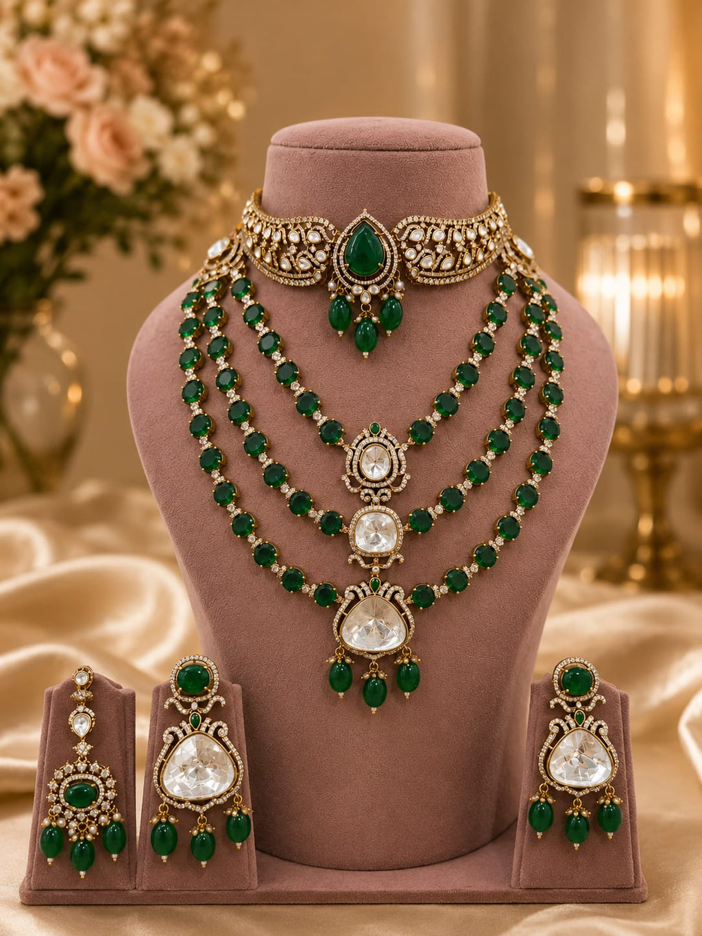 Bridal Kundan Polki Jewellery Set with Emerald Green Choker and Triple Layer Necklace