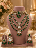 Bridal Kundan Polki Jewellery Set with Emerald Green Choker and Triple Layer Necklace