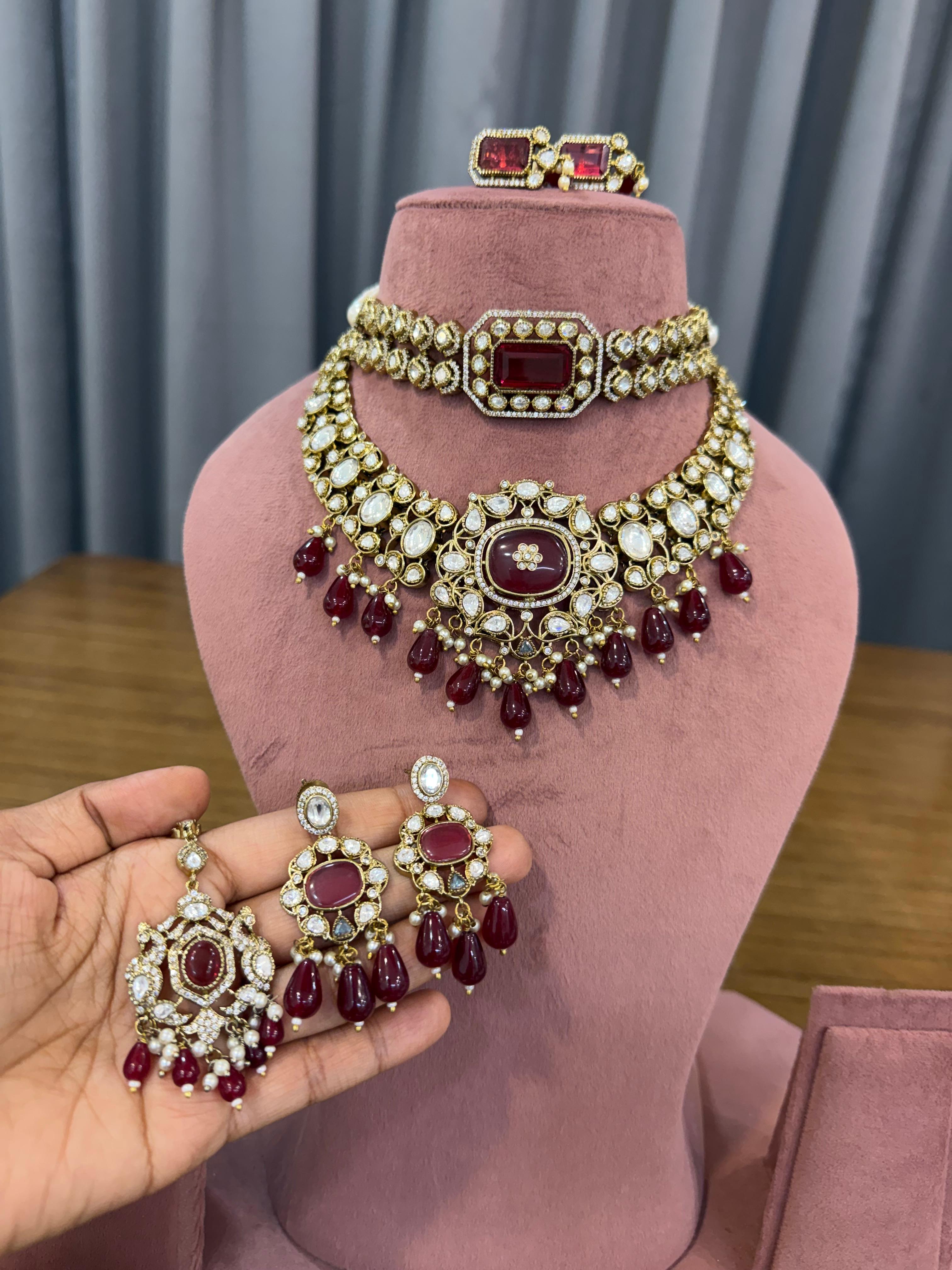 Ruby Red Bridal Kundan and Polki Jewellery Set with Choker Necklace and Earrings
