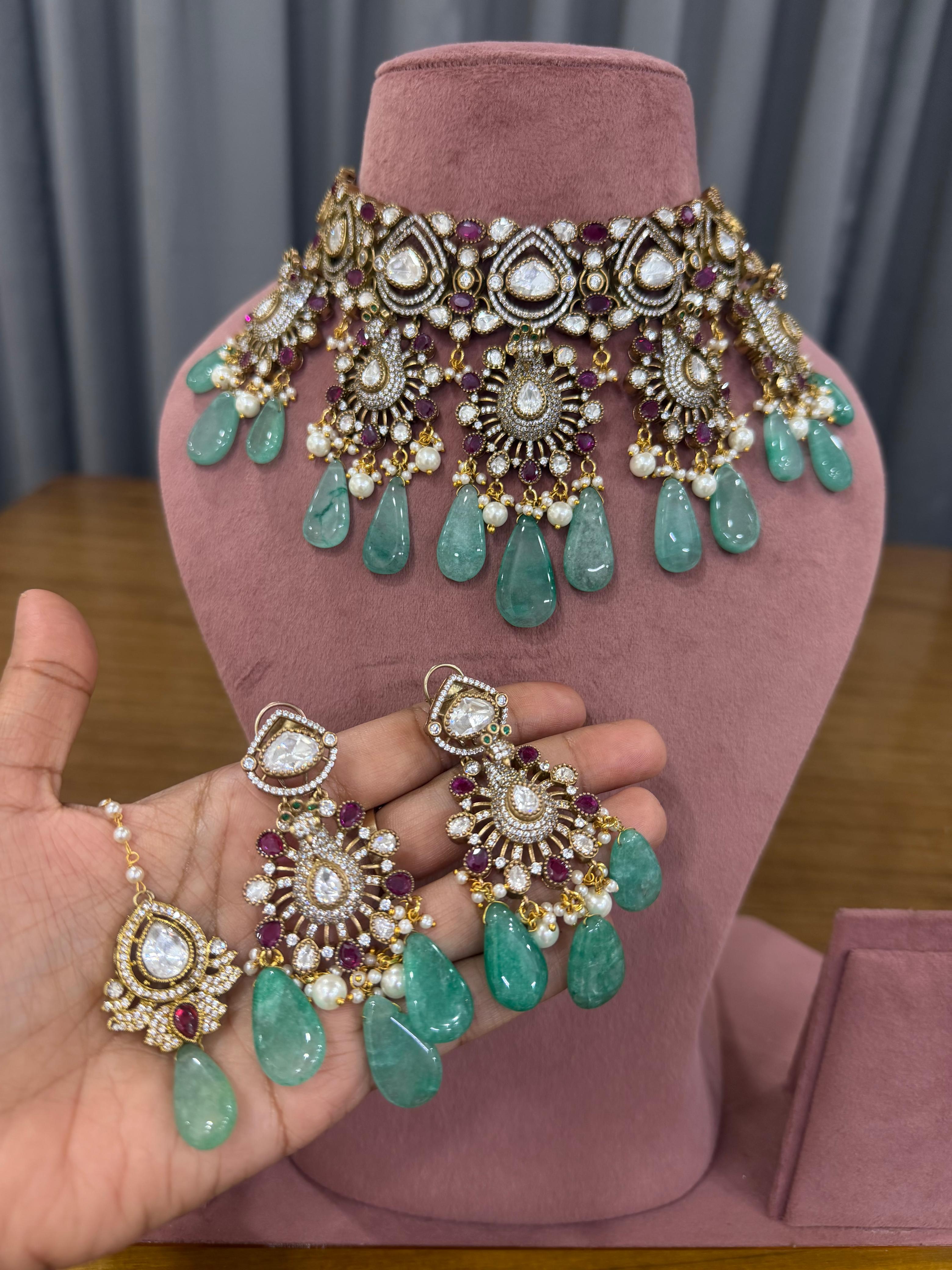 Mint Green Bridal Kundan & Polki Choker Set with Earrings and Maang Tikka