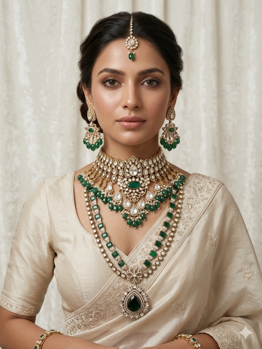 Luxury artificial bridal jewellery set with earrings and maang tikka