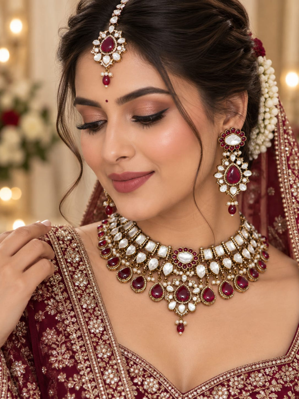 Heirloom Ruby Kundan Polki Choker Set with Maang Tikka - Kundan Polki Bridal Jewellery by Ganesh Kundan & Polki (view 2)