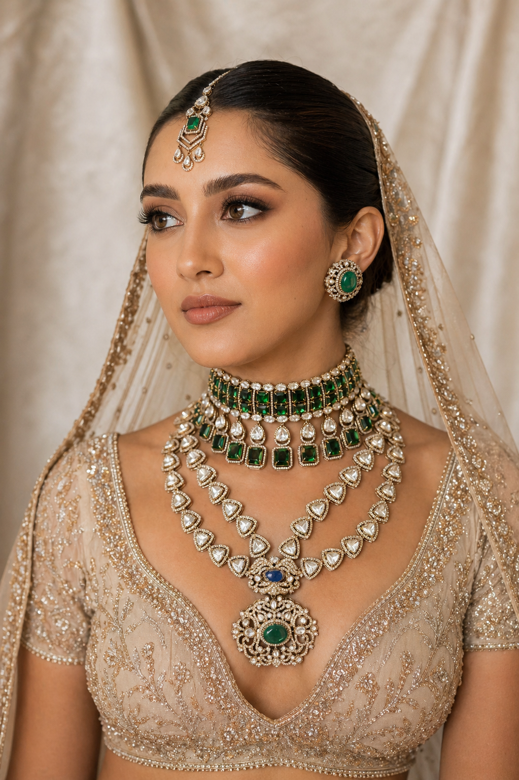 Green bridal polki necklace set with kundan choker and earrings