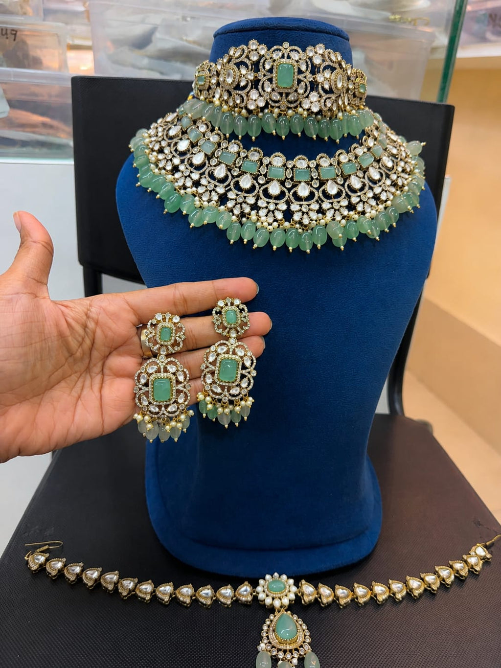 Premium Mint Green Bridal Kundan Polki Choker Jewellery Set with Earrings and Maang Tikka