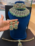 Premium Mint Green Bridal Kundan Polki Choker Jewellery Set with Earrings and Maang Tikka