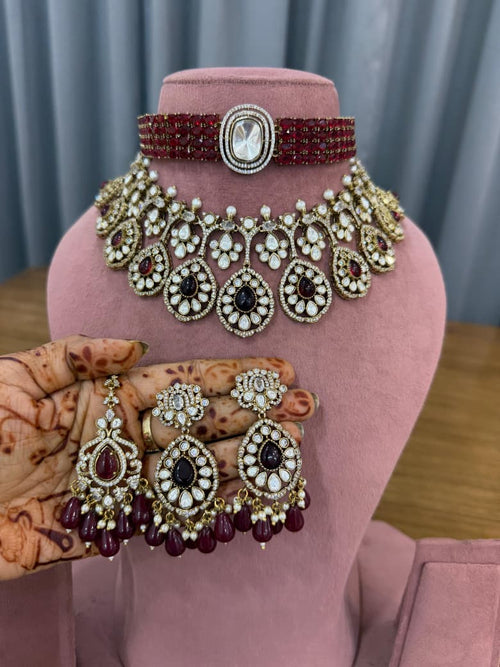 Bold Maroon Kundan Polki Choker Set - Kundan Polki Bridal Jewellery by Ganesh Kundan & Polki