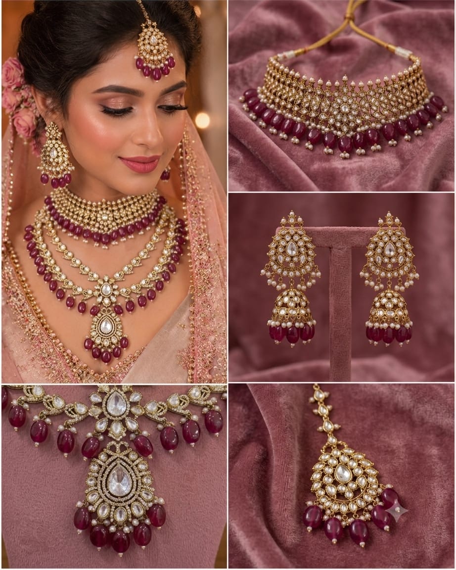 Luxury Wine Red Kundan Bridal Jewellery Set