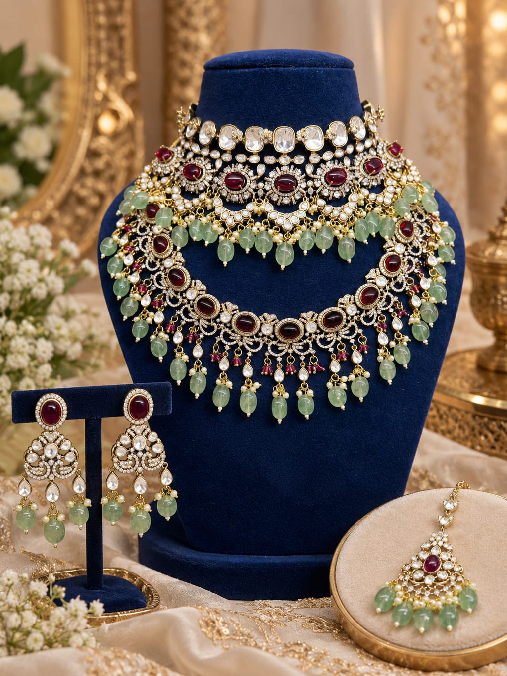 Dramatic Maroon-Mint Kundan Polki Choker & Haar Set - Kundan Polki Bridal Jewellery by Ganesh Kundan & Polki