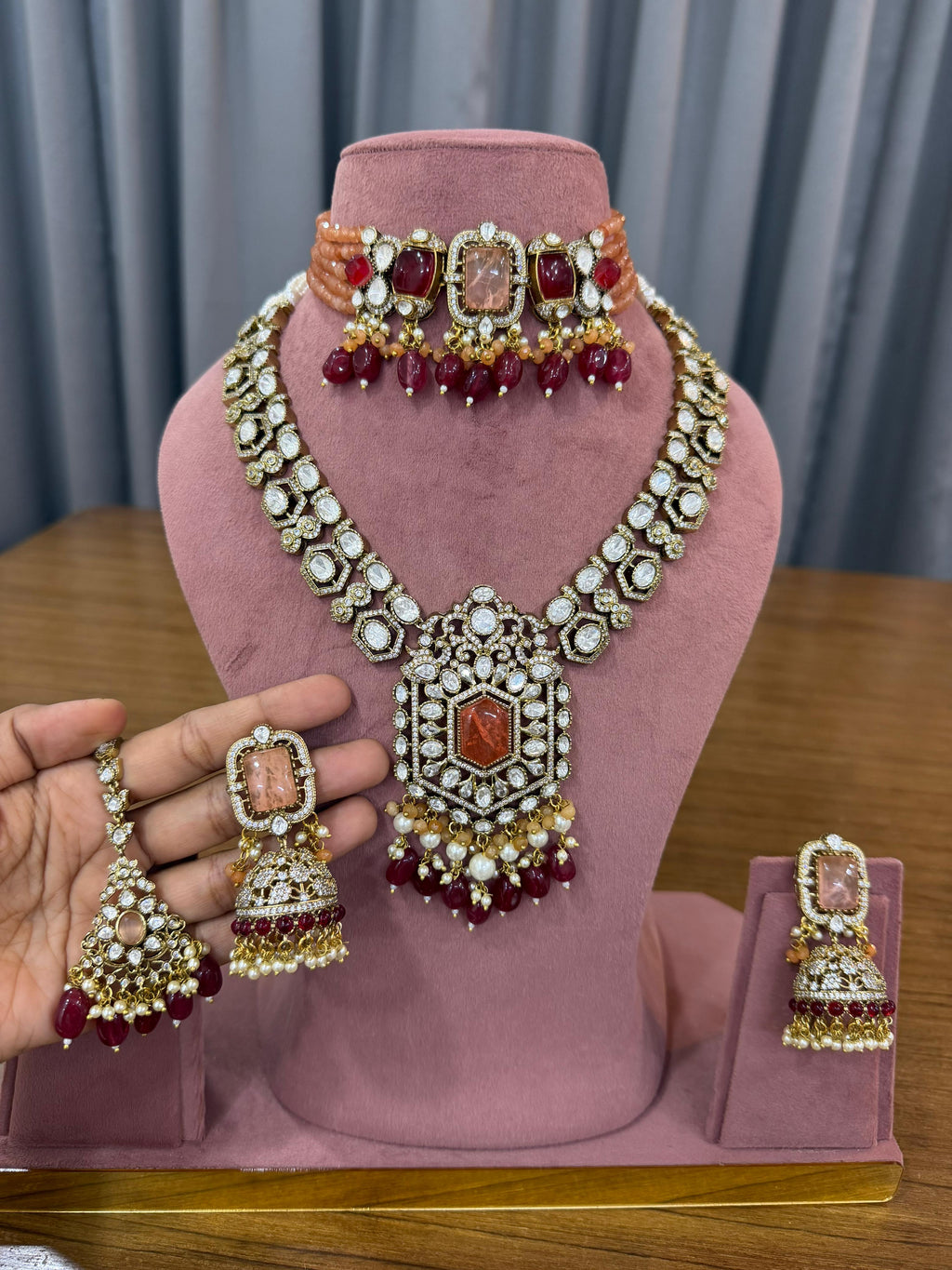 Bridal kundan polki jewellery set with choker long necklace ruby pink stones
