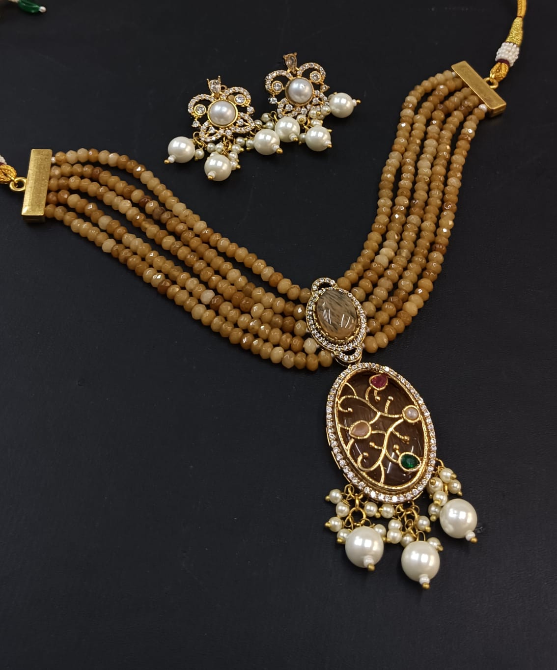 Brown Bridal Polki Jewellery Set with Multi Layer Beaded Necklace and Pearl Earrings