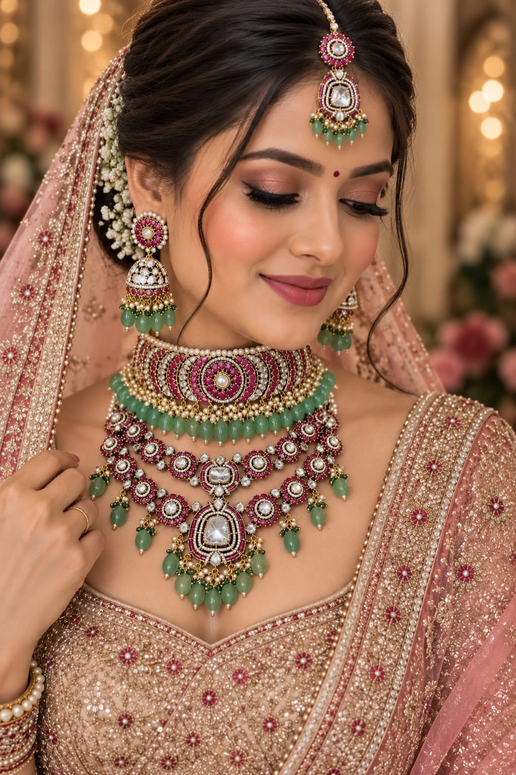 Sangeet Statement Rani-Pink Kundan Polki Choker Set with Jhumkas - Kundan Polki Bridal Jewellery by Ganesh Kundan & Polki (view 2)
