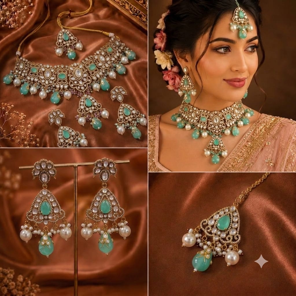 Mint Green Kundan Polki Bridal Choker Set