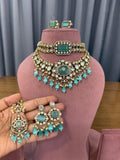 Sea Green Bridal Kundan and Polki Jewellery Set with Choker Necklace and Earrings