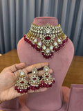 Bridal Kundan Polki jewellery set with red stones choker long necklace earrings