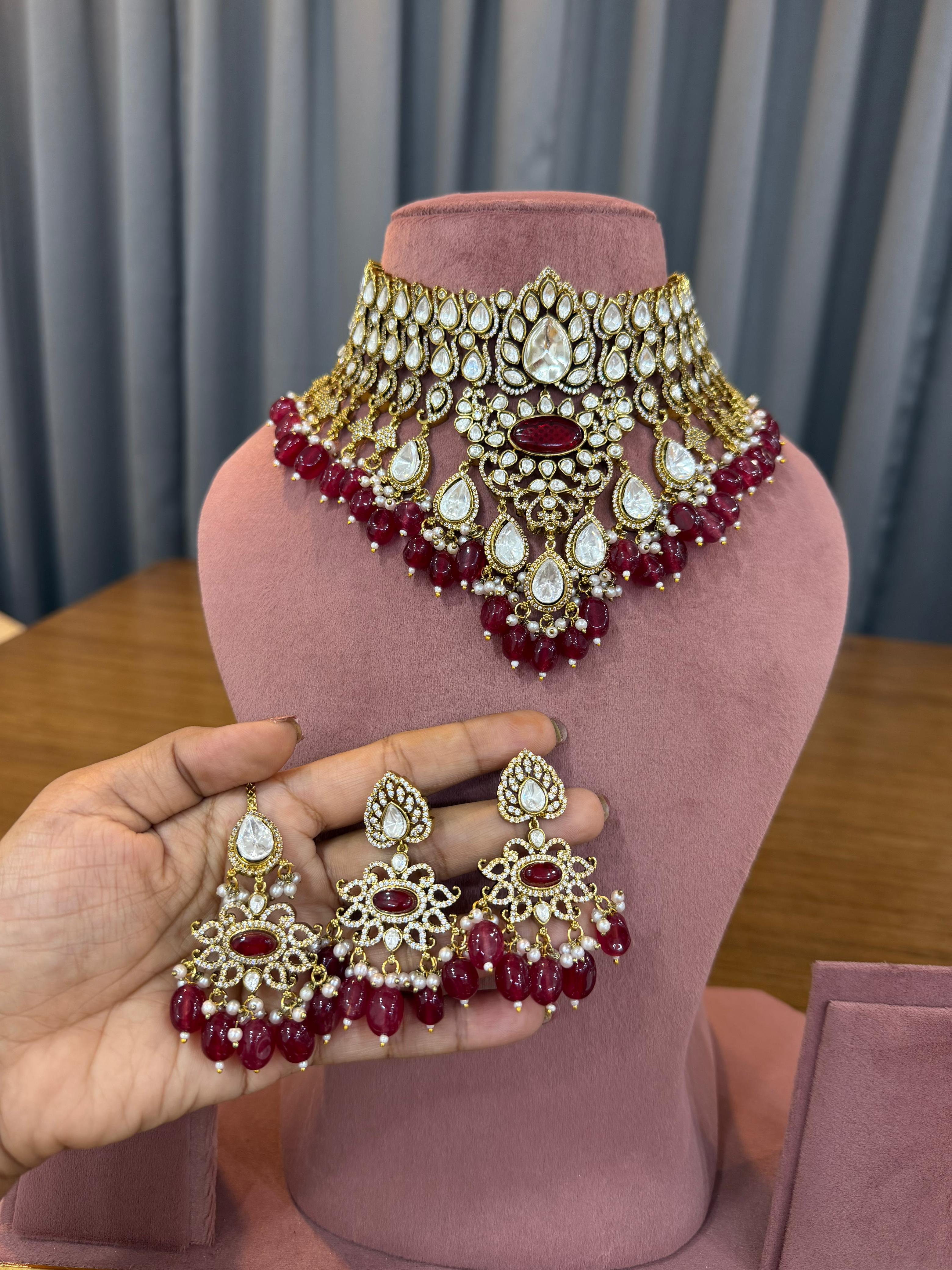 Bridal Kundan Polki jewellery set with red stones choker long necklace earrings
