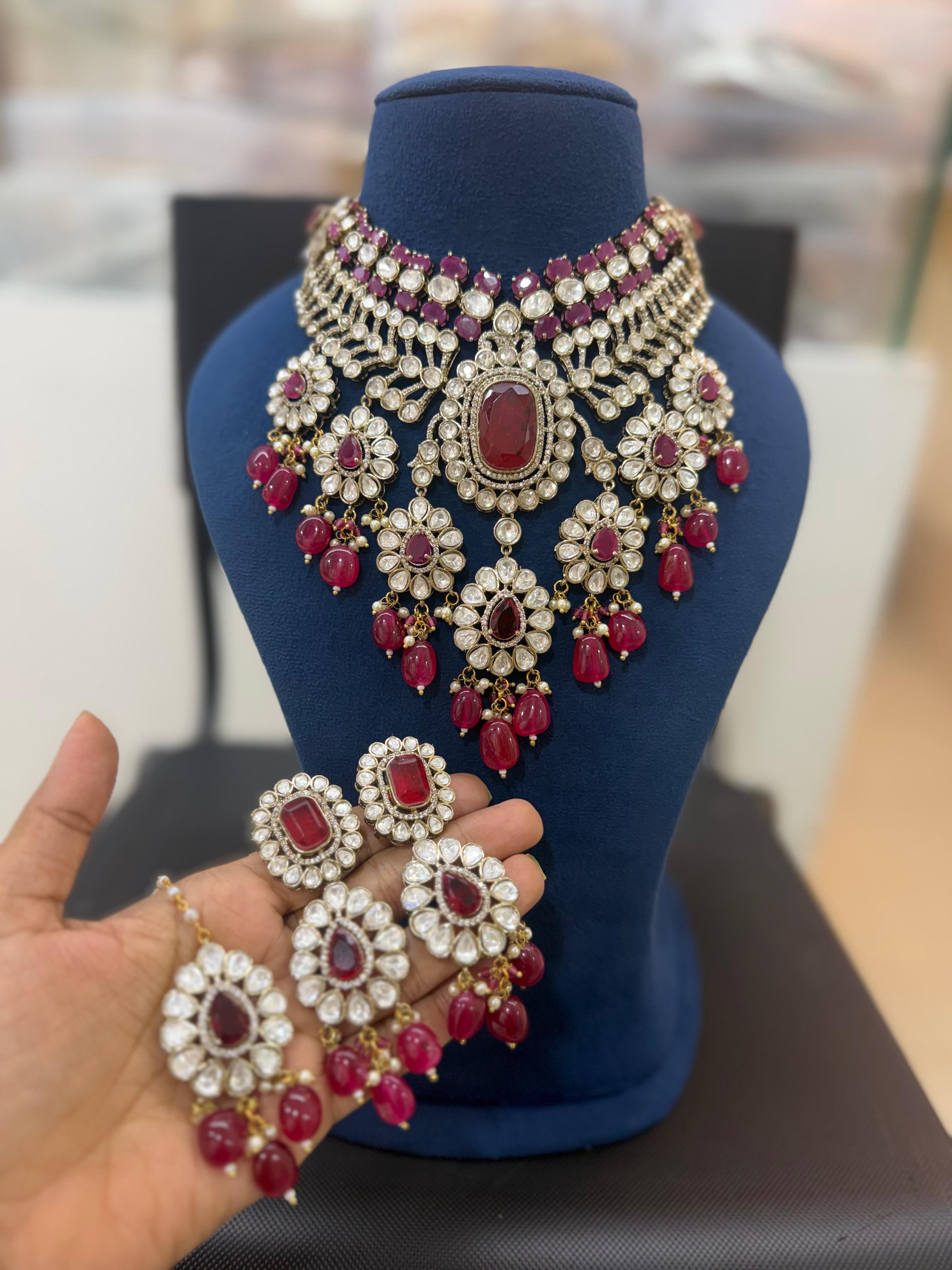 Ruby Red Bridal Kundan Polki Choker Jewellery Set with Statement Earrings