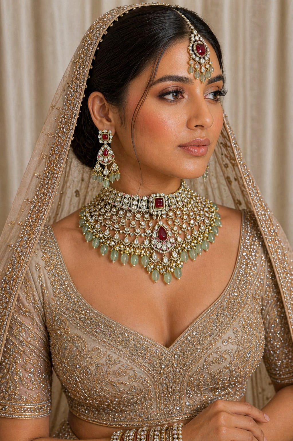 Close-up of premium Polki choker necklace for wedding reception in antique gold finish.