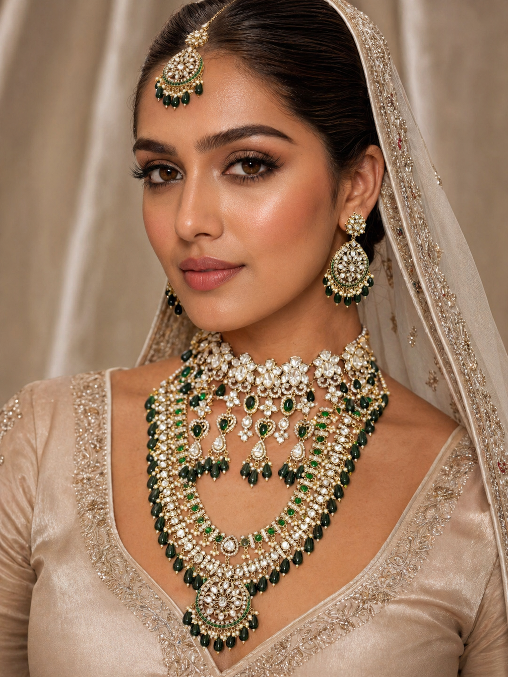 Indian bridal kundan choker set with green beads and polki stones