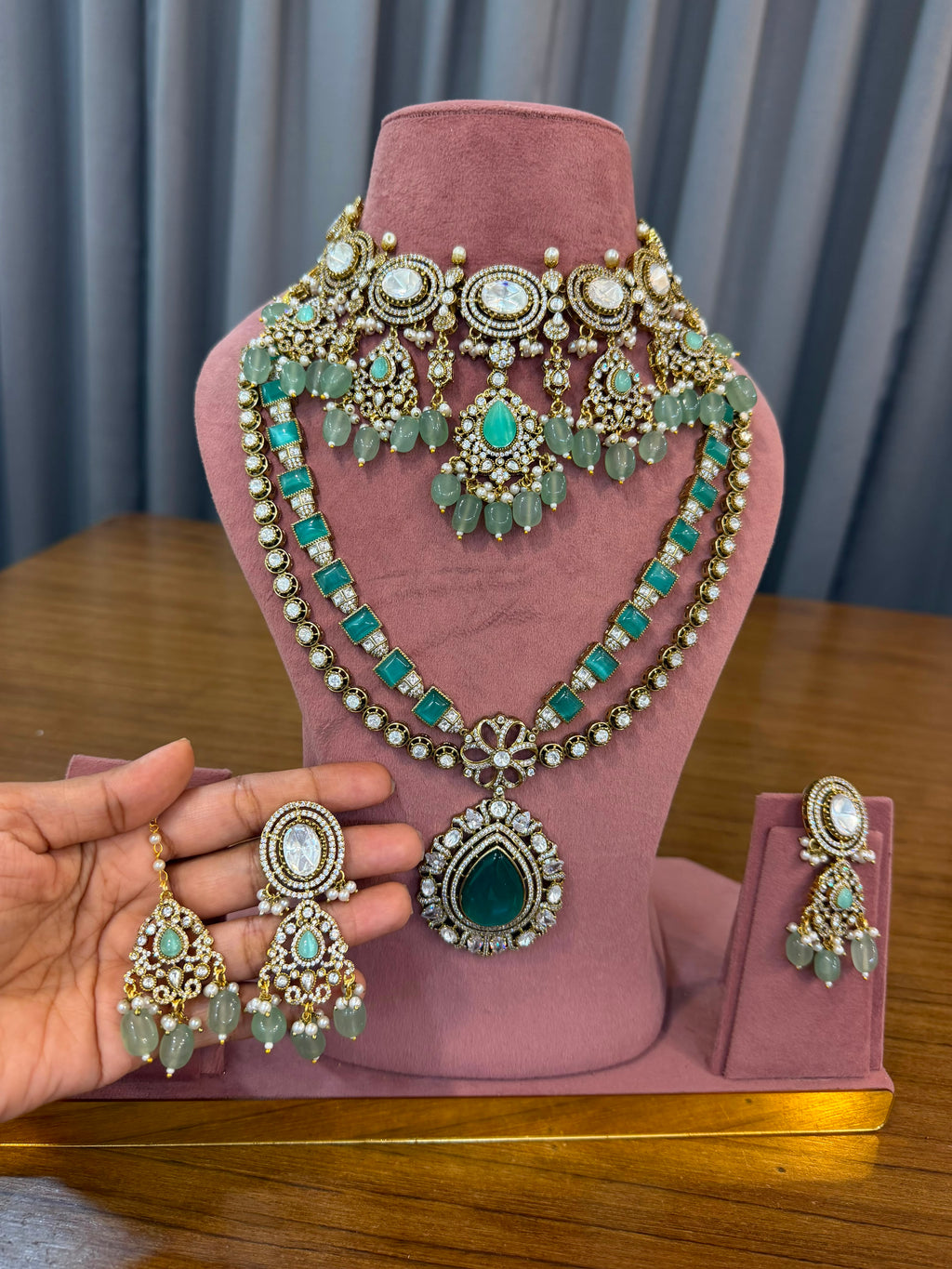 Premium Emerald Green Bridal Kundan Polki Long Necklace and Choker Jewellery Set with Earrings