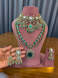 Premium Emerald Green Bridal Kundan Polki Long Necklace and Choker Jewellery Set with Earrings