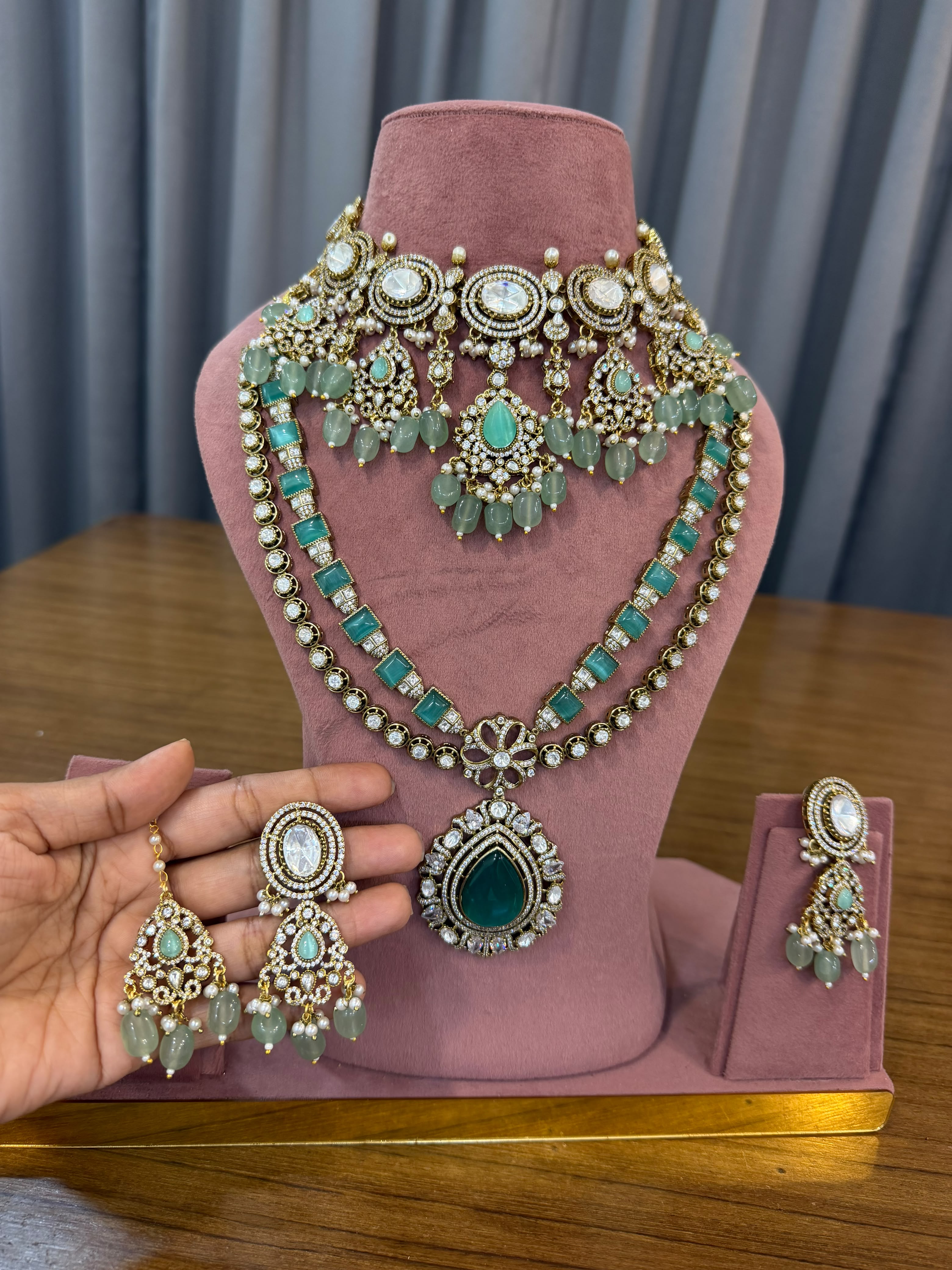 Premium Emerald Green Bridal Kundan Polki Long Necklace and Choker Jewellery Set with Earrings