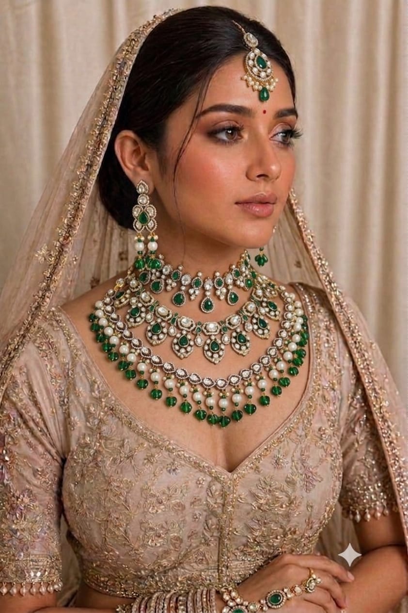 Heavy bridal kundan polki necklace set in emerald green