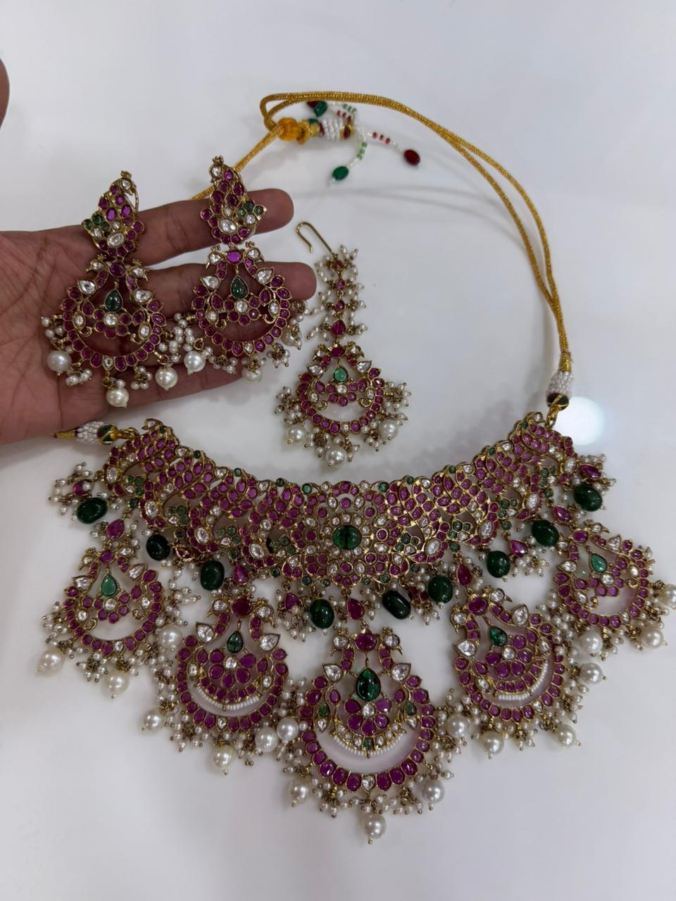 Bridal Kundan Polki jewellery set pink green choker necklace earrings pearl