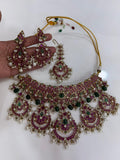 Bridal Kundan Polki jewellery set pink green choker necklace earrings pearl