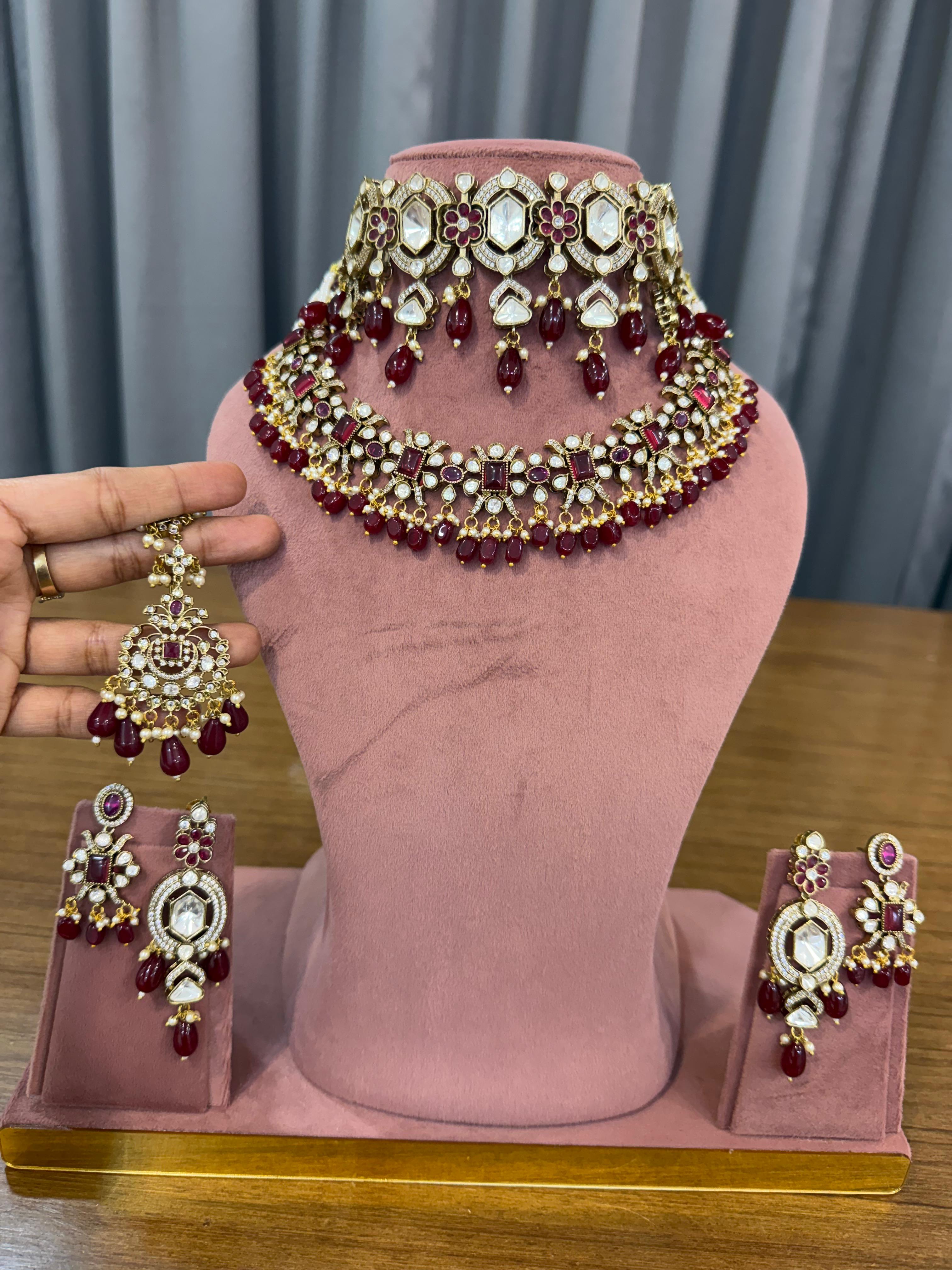 Bridal Kundan Polki Jewellery Set with choker and long necklace in ruby red